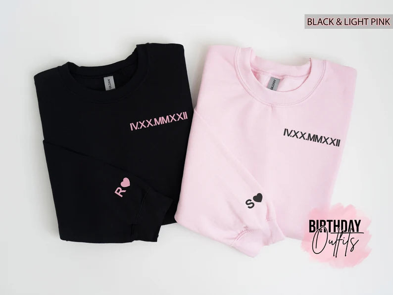 Custom Embroidered Roman Numeral Crewneck, Couples Gifts, Anniversary gift, Matching Couples shirt, Couple Shirt Initial On Sleeve, hoodie