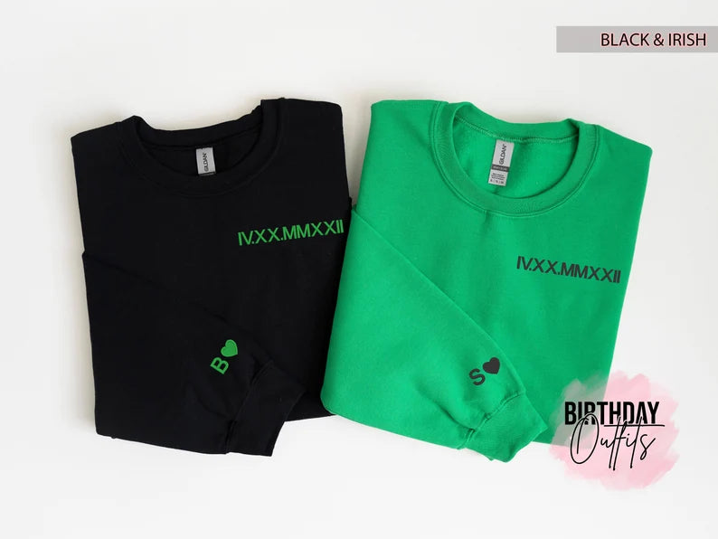 Custom Embroidered Roman Numeral Crewneck, Couples Gifts, Anniversary gift, Matching Couples shirt, Couple Shirt Initial On Sleeve, hoodie