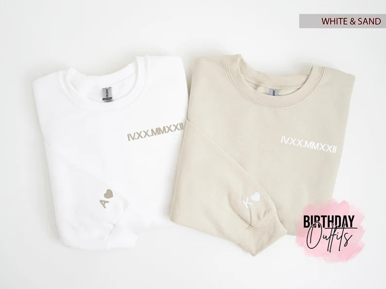 Custom Embroidered Roman Numeral Crewneck, Couples Gifts, Anniversary gift, Matching Couples shirt, Couple Shirt Initial On Sleeve, hoodie