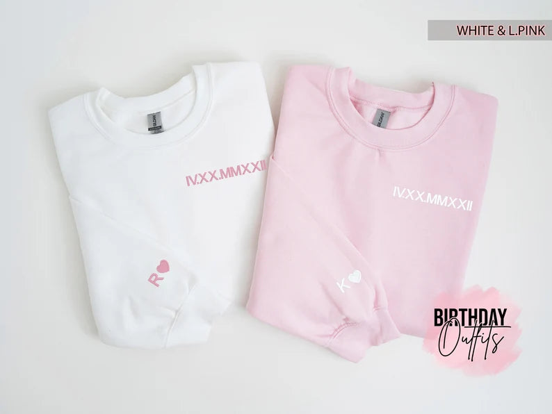 Custom Embroidered Roman Numeral Crewneck, Couples Gifts, Anniversary gift, Matching Couples shirt, Couple Shirt Initial On Sleeve, hoodie