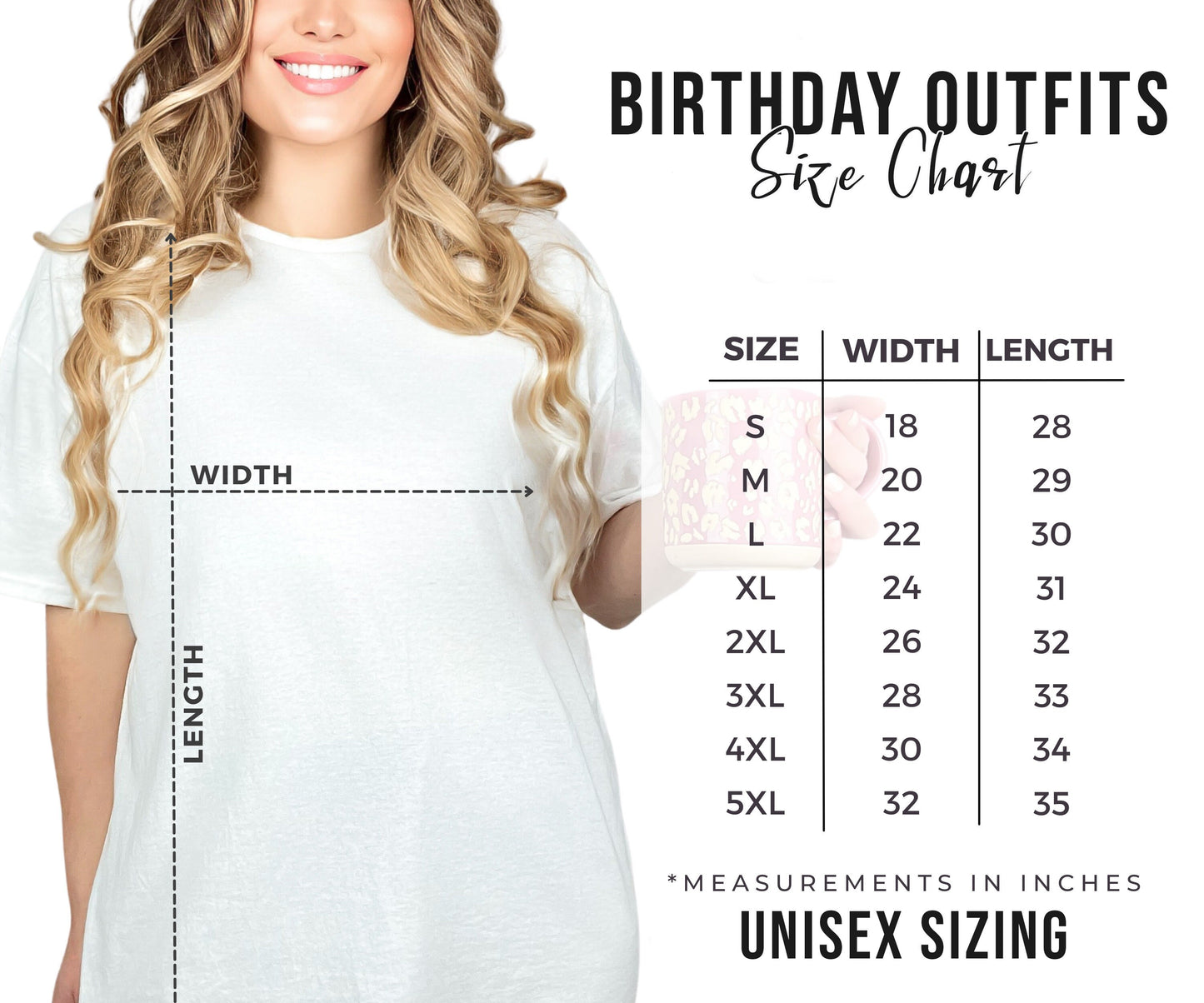 a woman wearing a birthday outfit size chart