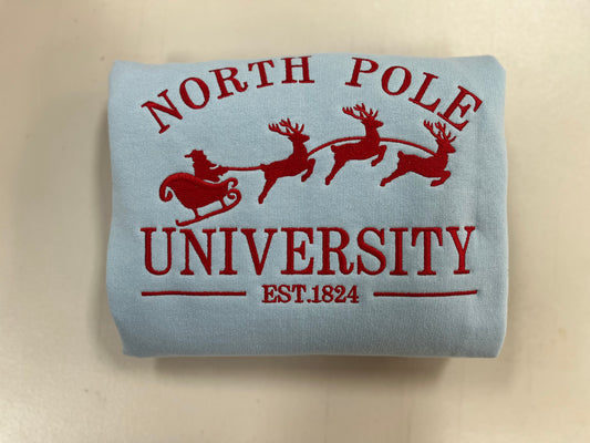 North Pole University Christmas Embroidered Sweatshirt, Holiday Apparel, Holiday Sweatshirt, Cozy Christmas Embroidery, Christmas Gifts