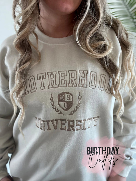 Motherhood University Embroidered Varsity Crewneck - Embroidery Crewneck - Best Mom Gifts - MAMA Sweatshirt - Moms Club Sweatshirt