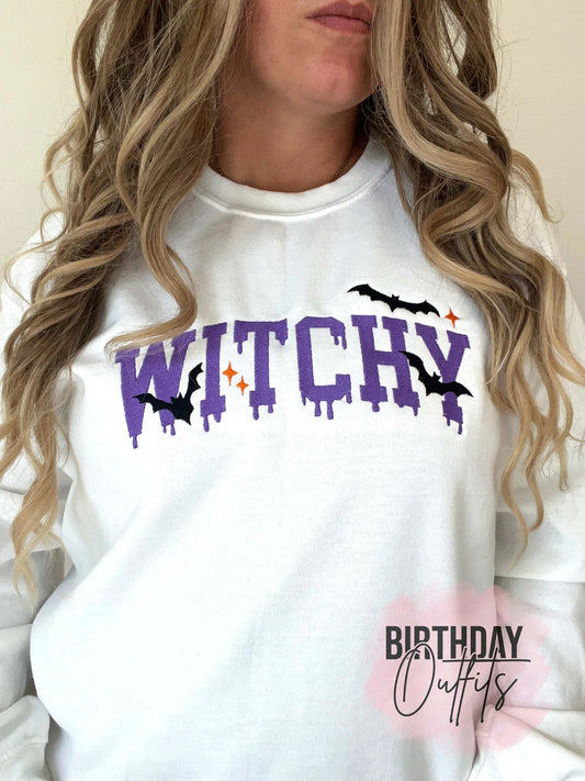 Witchy Embroidered sweatshirt, Witchy Embroidered crew, Spooky, Ghost, embroidered halloween shirt, horror embroidery