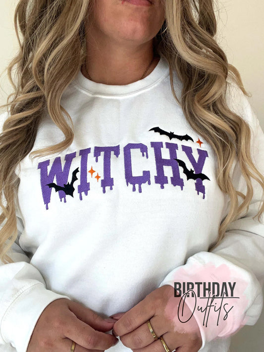 Witchy Embroidered sweatshirt, Witchy Embroidered crew, Spooky, Ghost, embroidered halloween shirt, horror embroidery