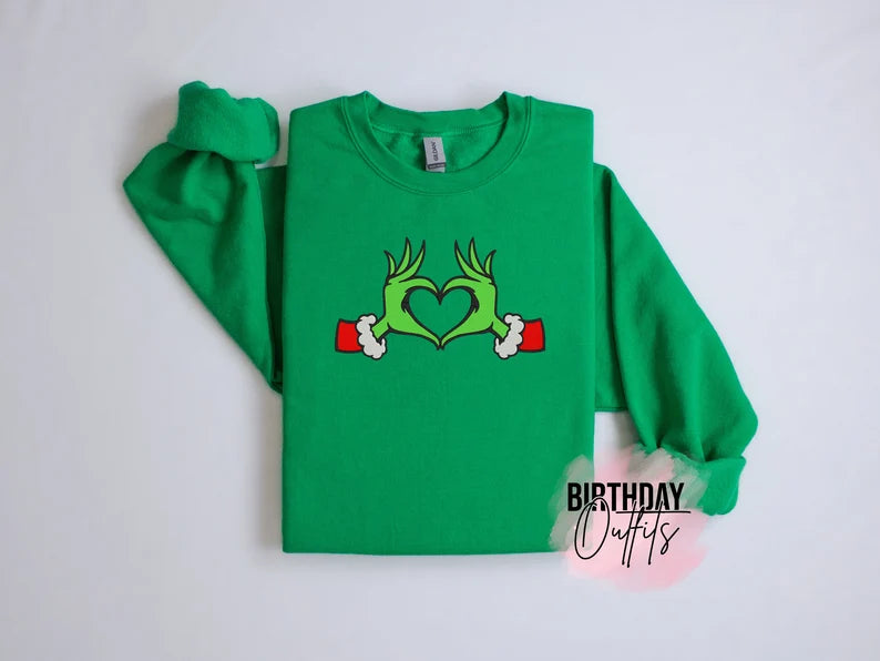 Grinch Heart Embroidered Christmas Sweatshirt, Holiday Apparel, grinch Sweatshirt, Cozy Christmas Embroidery, Christmas Gifts