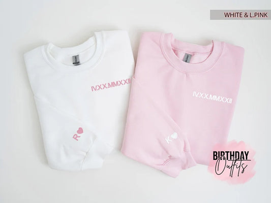 Custom Embroidered Roman Numeral Crewneck, Couples Gifts, Anniversary gift, Matching Couples shirt, Couple Shirt Initial On Sleeve, hoodie