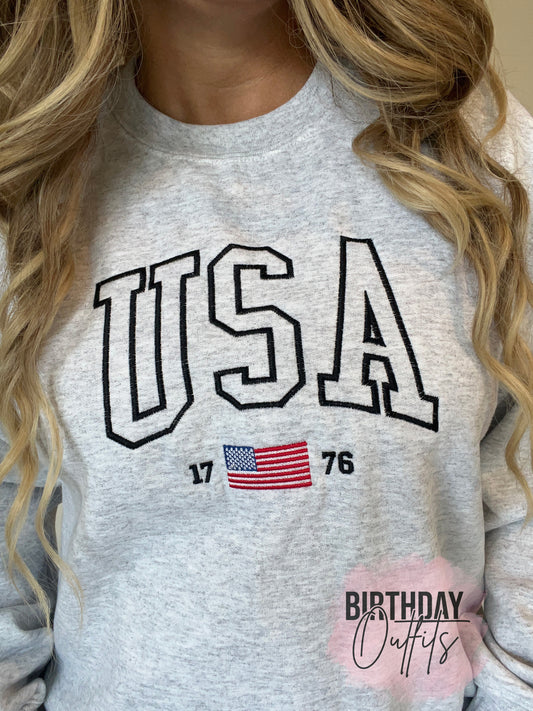 USA Embroidered Varsity Crewneck Sweatshirt, 4th of July Matching Embroidered, Independence Day Red White and Blue United States America