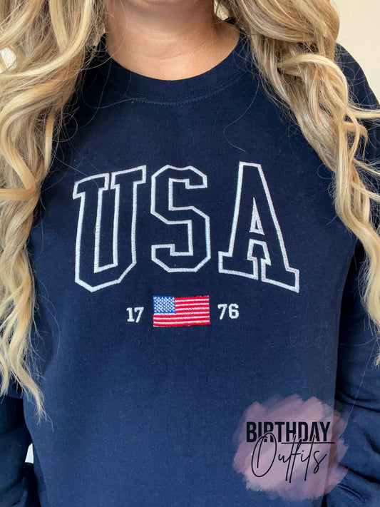 USA Embroidered Varsity Crewneck Sweatshirt, 4th of July Matching Embroidered, Independence Day Red White and Blue United States America